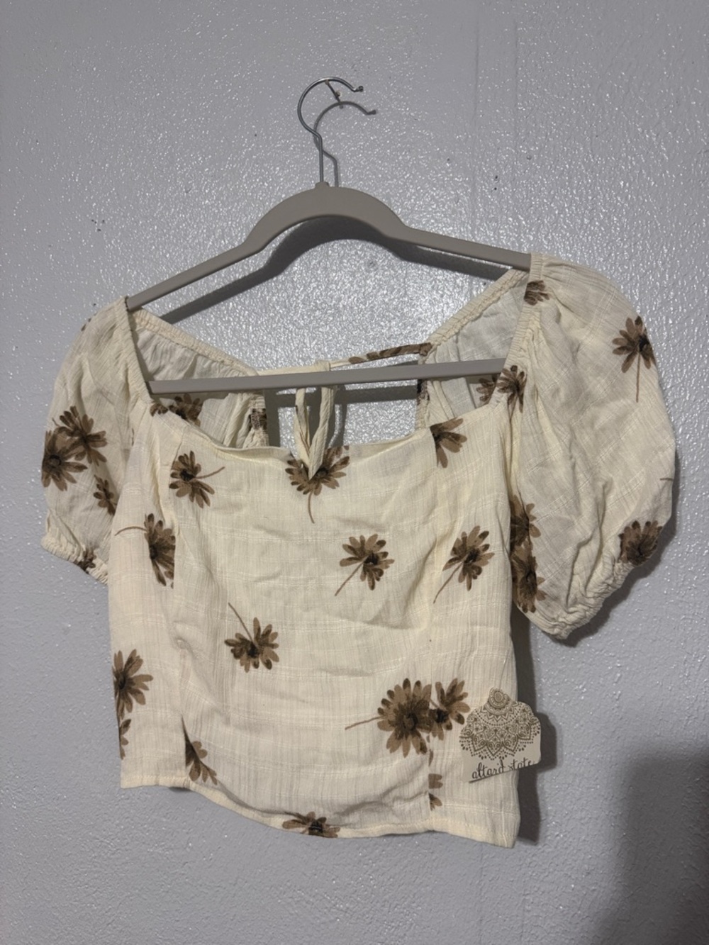 Altar'd State Floral Puff Sleeve Crop Top Cream Sage Green Cottagecore Boho S